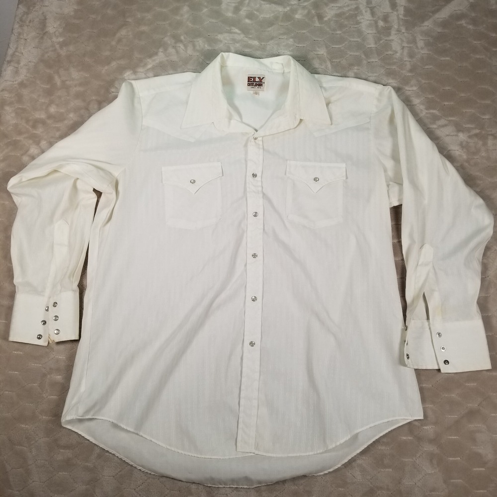 Ely Cattleman Shirt Mens XL/XXL White Pearl Snap‎ Western Long Sleeve STAINS